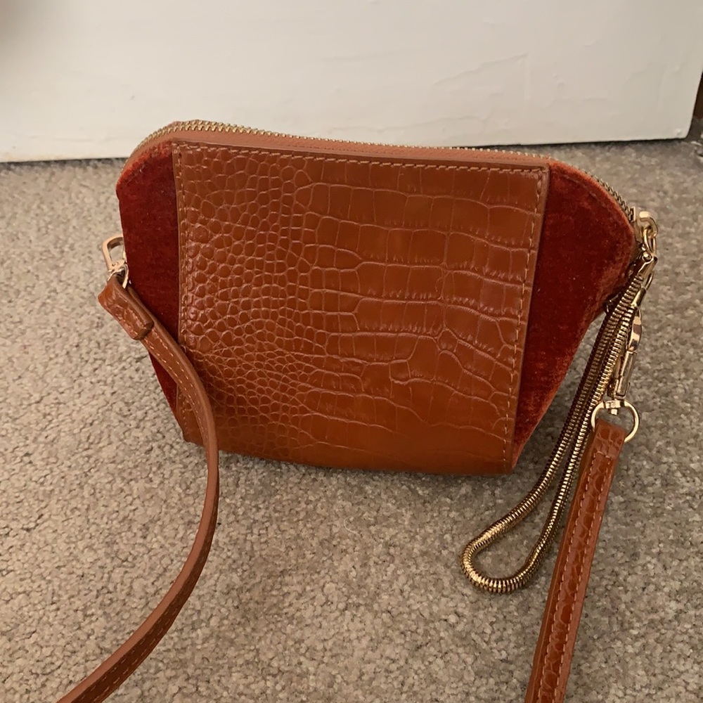 Anthropologie brown vegan leather and velvet purse
